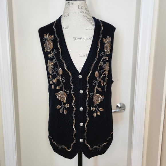 90s Embroidered Sleeveless Knit Cardigan Vest - Picture 1 of 12